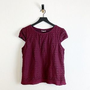 Sophie Max Faux Suede Lasercut Checkered Cutout Distressed Hem Blouse Wine Berry